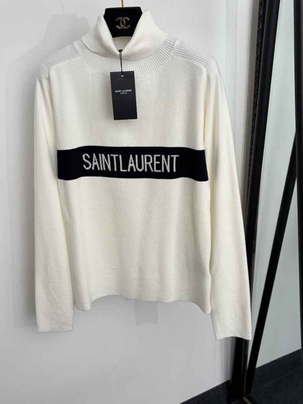 Saint Laurent Cream Turtleneck Sweater with Black Logo Band